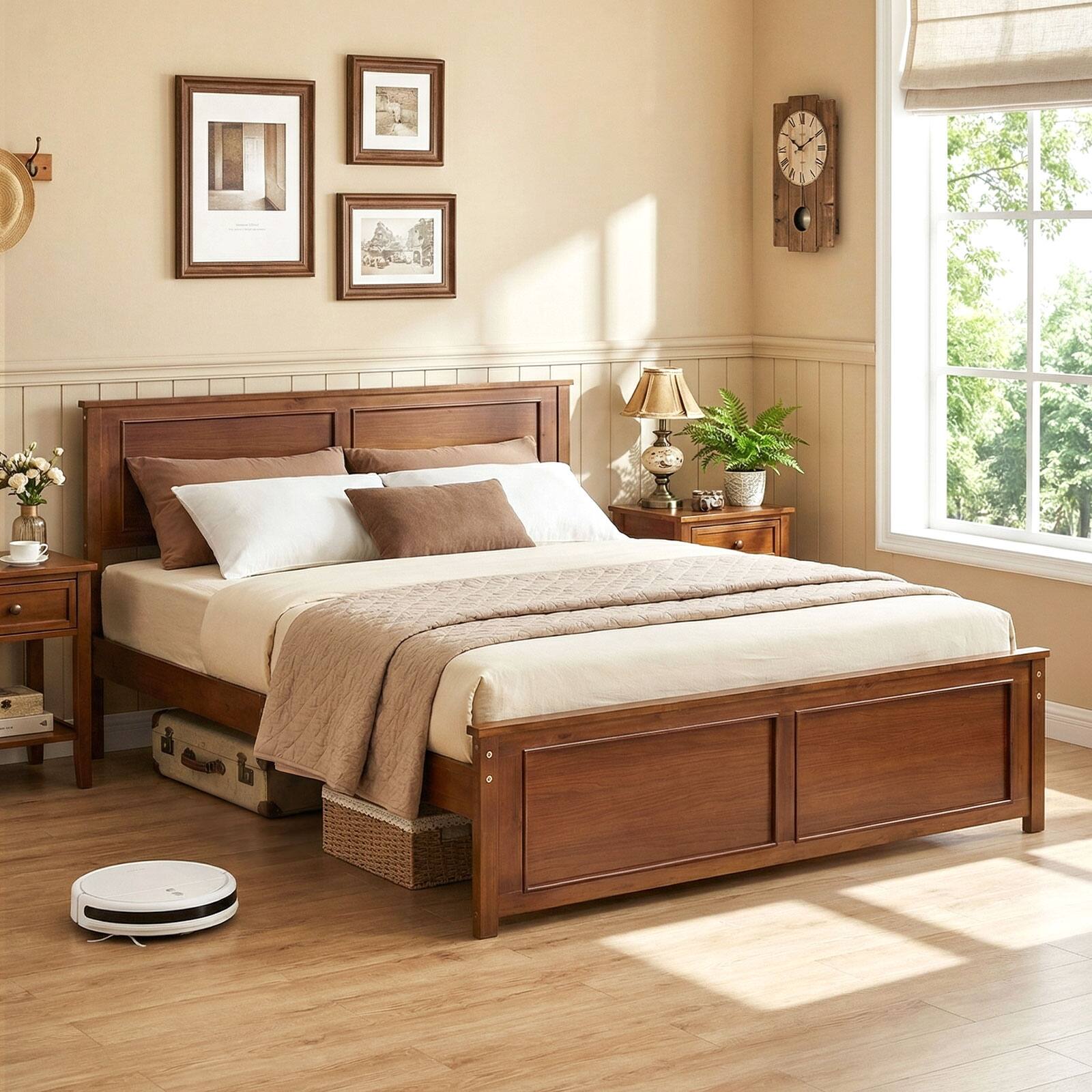 Alt View 1. Gymax - Gymax Queen Size Bed Frame Farmhouse Wooden Platform Bed w/ Headboard Walnut - Brown.