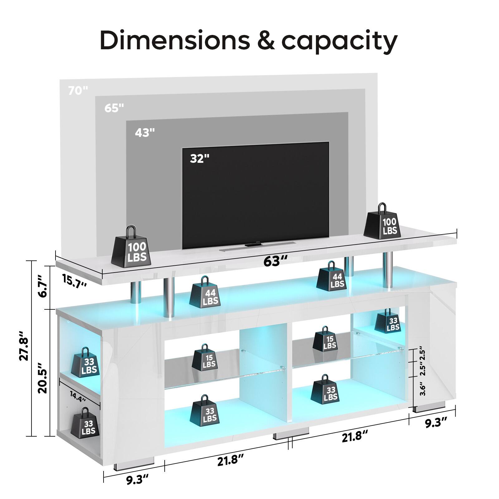 Dimensions & capacity:

* 70" TV: 65" diagonal, 43" width, 32" height, 6.7" depth, 15.7" width, 100 lbs weight.
* 63" TV: 44 lbs weight.
* 27.8" TV: 20.5" diagonal, 33 lbs weight.
* 14.4" TV: 33 lbs weight.
* 9.3" TV: 15 lbs weight.
* 21.8" TV: 15 lbs weight.
* 21.8" TV: 33 lbs weight.
* 2.5" TV: 2.5" diagonal, 3.6" width, 9.3" height, 33 lbs weight.