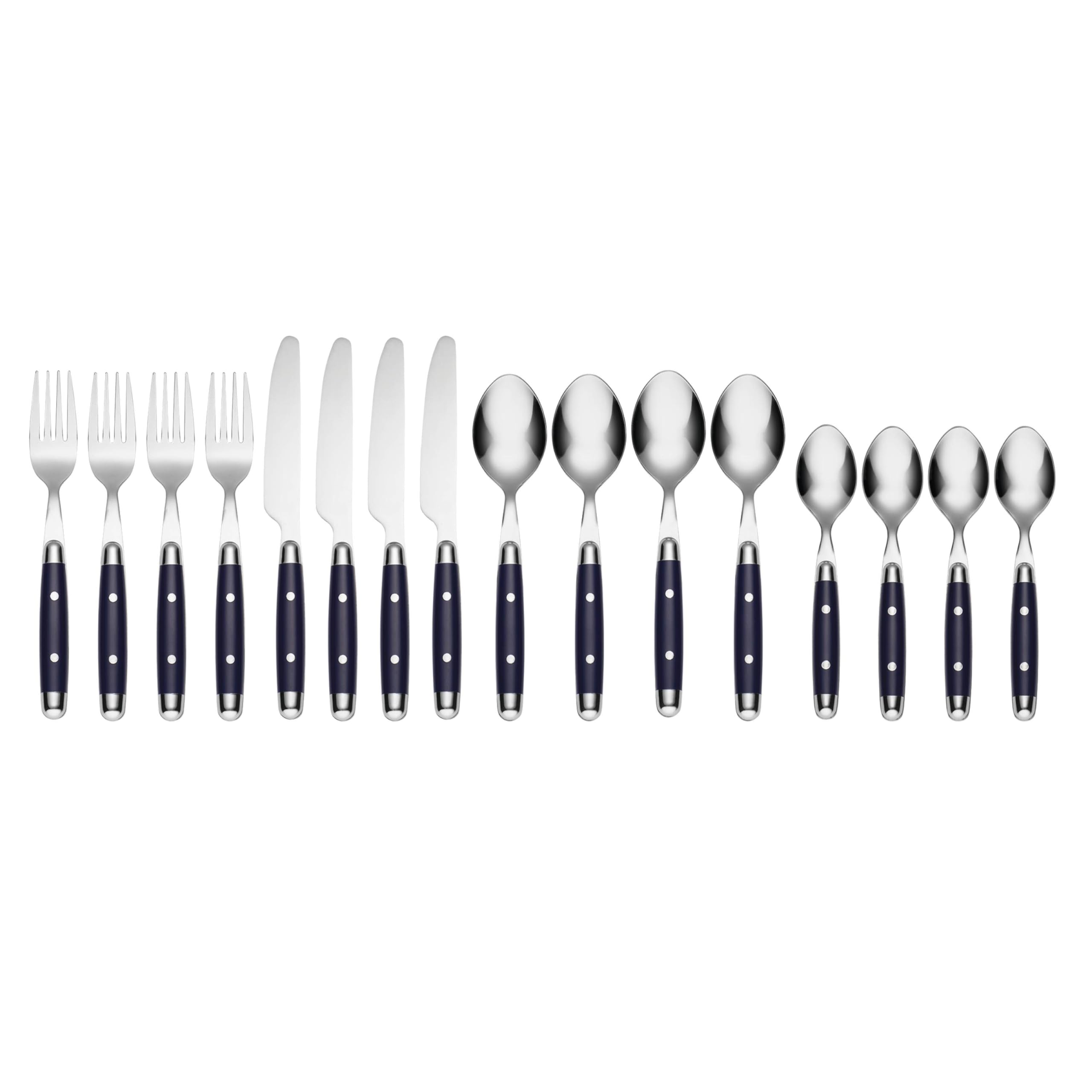 Angle. Dazzed Corner - Silverware Set, 16-Piece Flatware Set, Service for 4, 18/0 Stainless Steel, Dishwasher Safe - Blue.