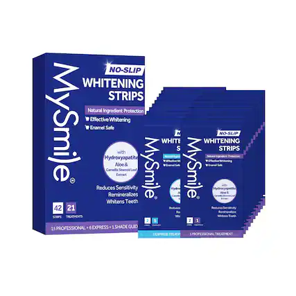NO-SLIP WHITENING STRIPS
Natural Ingredient Protection
Effective Whitening
Enamel Safe
MySmile
WHITE
with Hydroxyapatite
Aloe & Camellia Sinensis Leaf Extract
Reduces Sensitivity
Remineralizes
Whitens Teeth
42 STRIPS
21 TREATMENTS
15 PROFESSIONAL + 6 EXPRESS + 1 SHADE GUIDE
Natural Ingredient Protection
Effective Whitening
Enamel Safe
with Hydroxyapatite
Aloe & Camellia Sinensis Leaf Extract
Reduces Sensitivity
Remineralizes
Whitens Teeth
1 EXPRESS TREATMENT
1 PROFESSIONAL TREATMENT