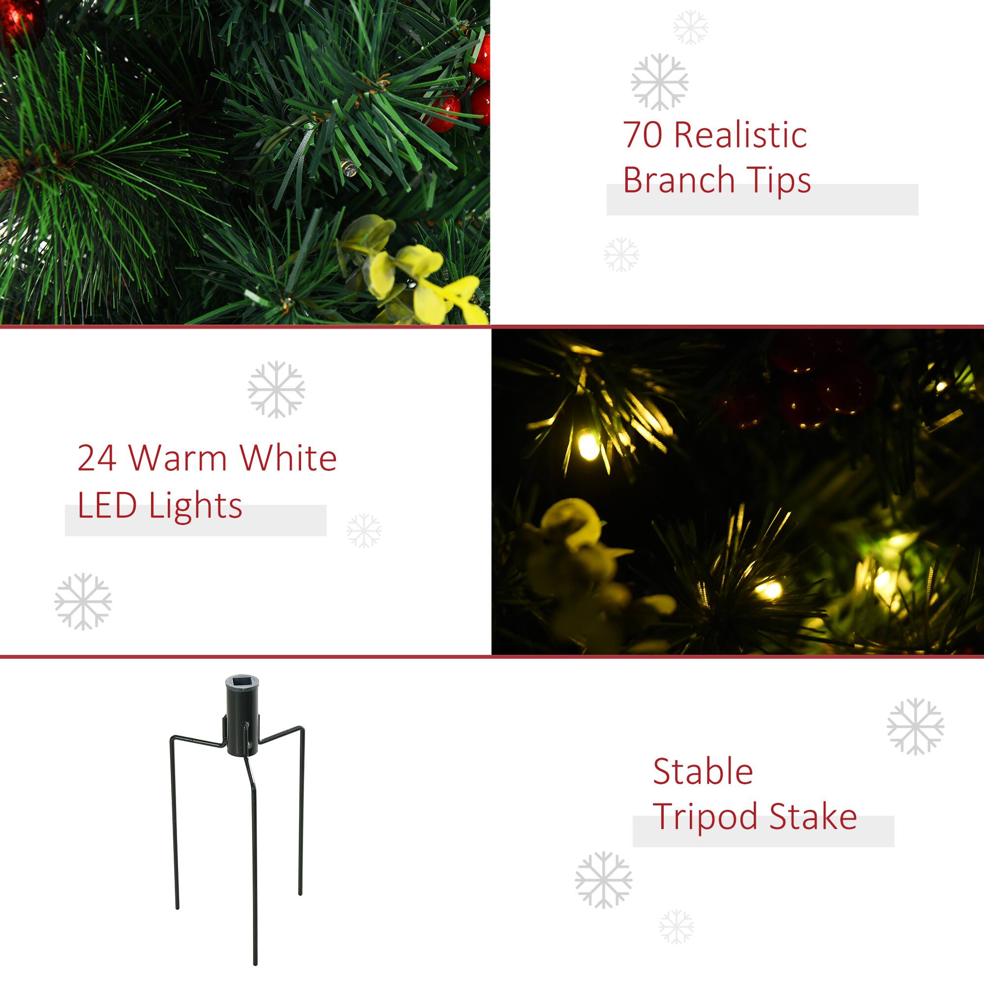70 Realistic Branch Tips, 24 Warm White LED Lights, Stable Tripod Stake