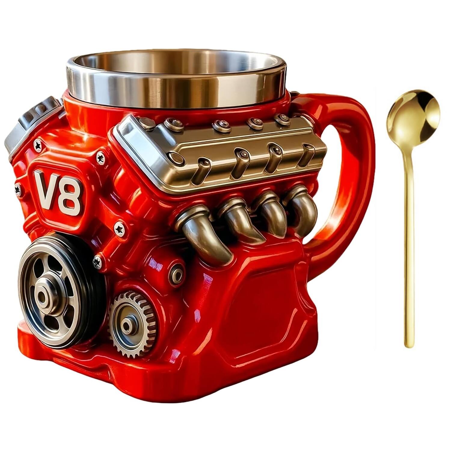 Front. Giantpower - V8 Engine Coffee Mug, Car Engine Themed Coffee Mug with spoon, for Car Lovers Gifts - Red.