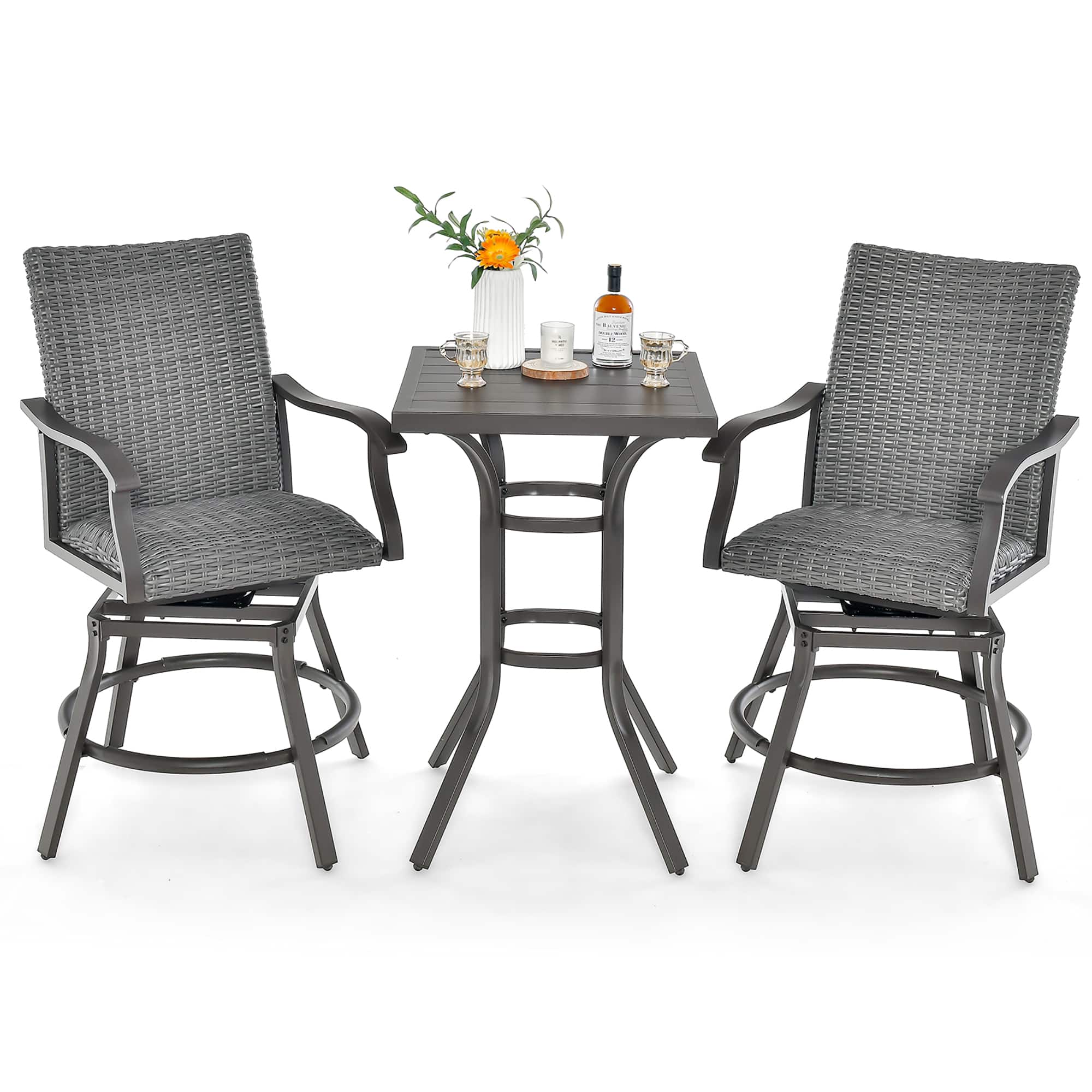 Costway - 3PCS Patio Rattan Bar Table Stools Set Aluminum 360° Swivel Chairs with Padded Seat - Mix Grey,Black