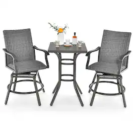 Costway - 3PCS Patio Rattan Bar Table Stools Set Aluminum 360° Swivel Chairs with Padded Seat - Mix Grey,Black