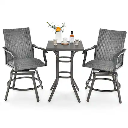 Front. Costway - Costway 3PCS Patio Rattan Bar Table Stools Set Aluminum 360° Swivel Chairs with Padded Seat - Mix Grey,Black.