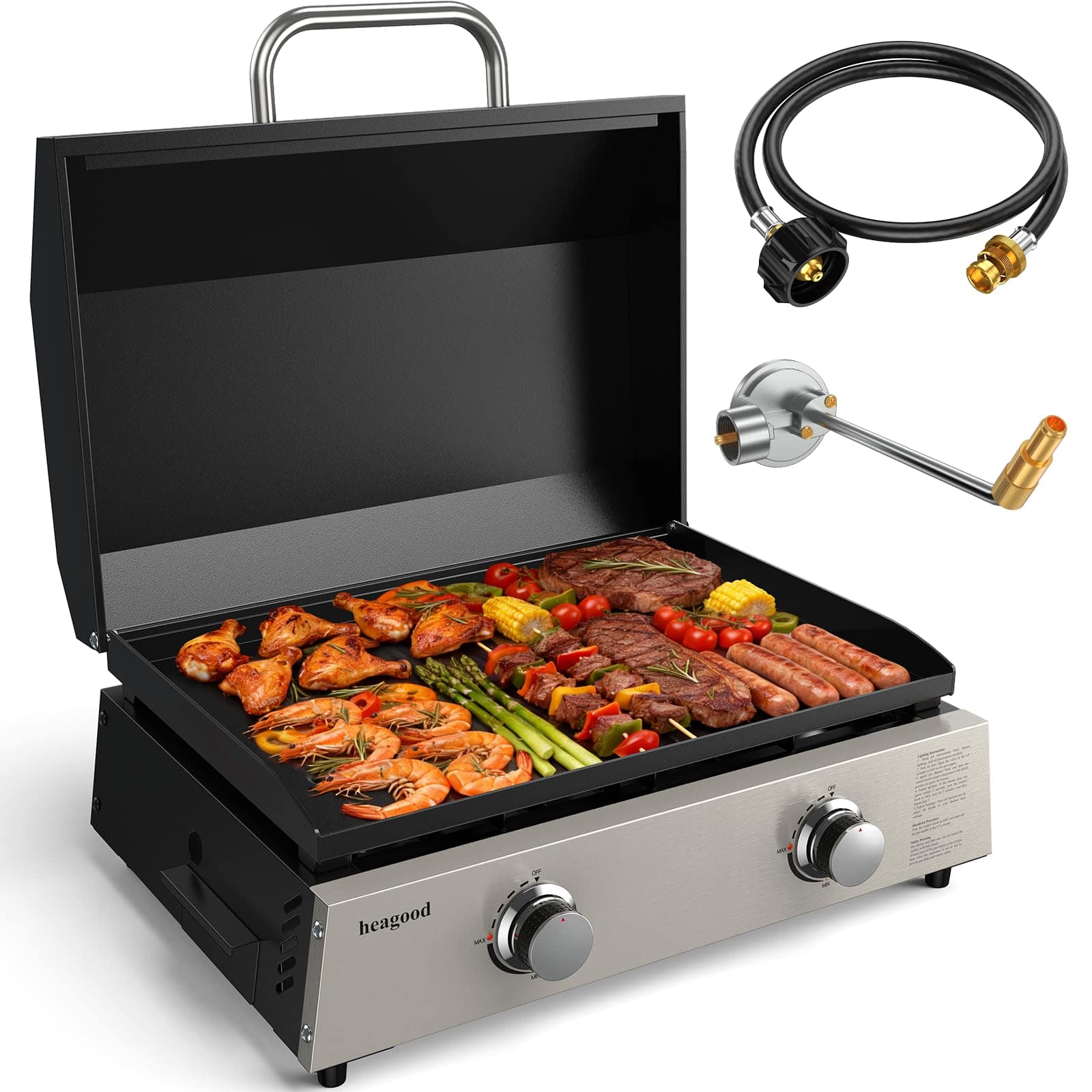 Koligey - Flat Top Gill, Outdoor Griddle 22” Tabletop Gas Griddle with Hood for Outdoor Camping Tailgating (24000 BTU, 2 Burner) - Black