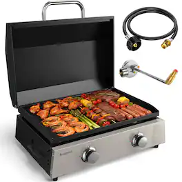 Koligey - Flat Top Gill, Outdoor Griddle 22” Tabletop Gas Griddle with Hood for Outdoor Camping Tailgating (24000 BTU, 2 Burner) - Black