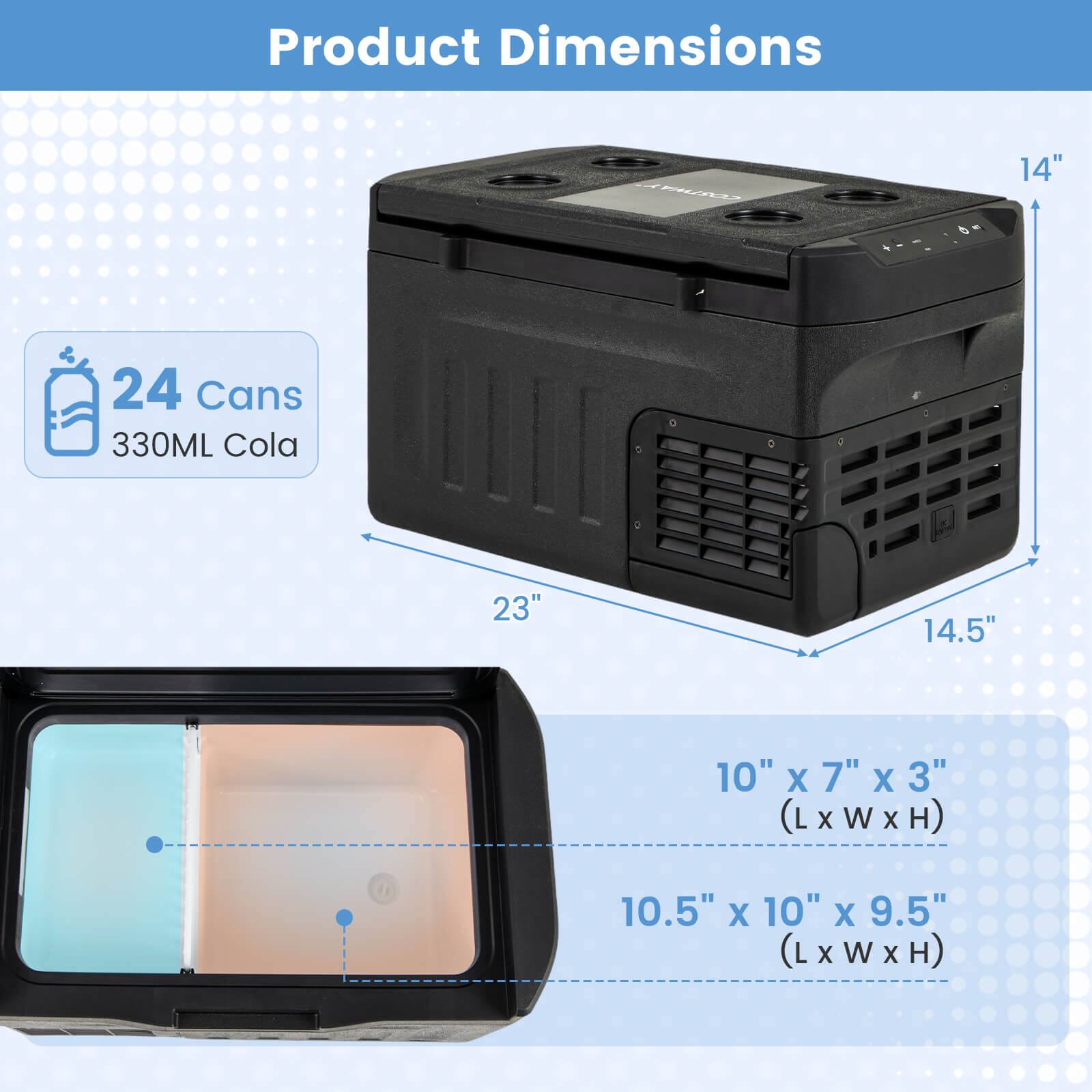 Product Dimensions

24 Cans  
330ML Cola

14"  
23"  
14.5"

10" x 7" x 3" (L x W x H)  
10.5" x 10" x 9.5" (L x W x H)