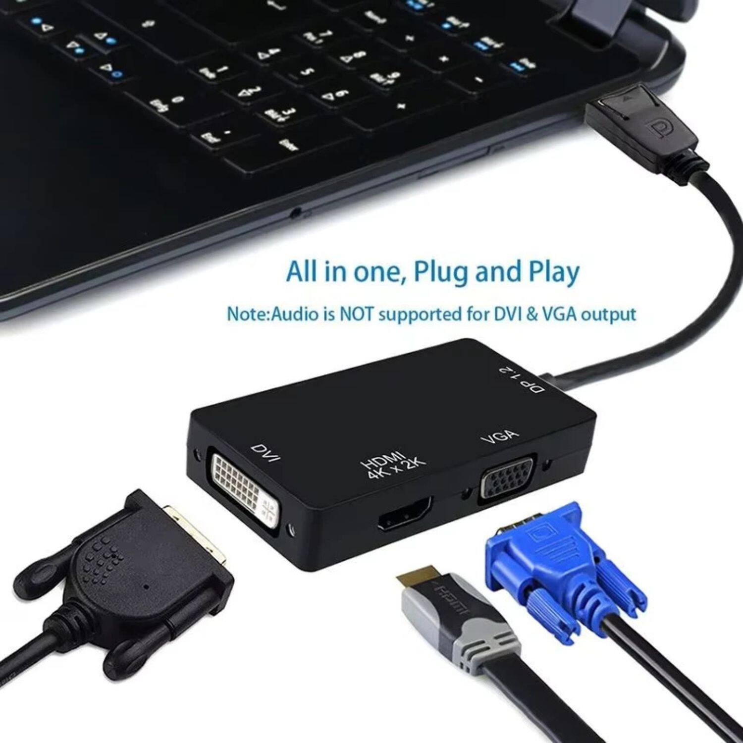 All in one, Plug and Play  
Note: Audio is NOT supported for DVI & VGA output  

1.2 DP DVI HDMI 4Kx2K 4K x 2K VGA