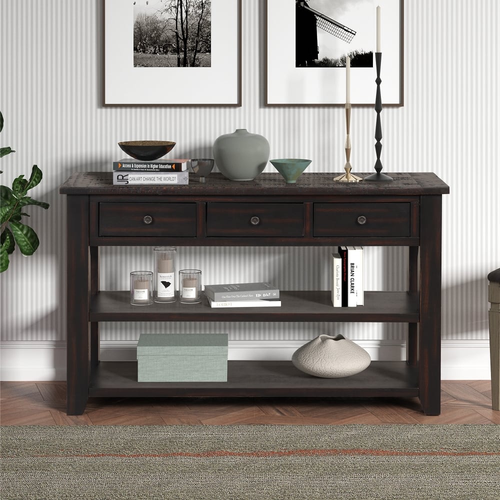 Loheer - 48 Inch Solid Pine Wood Console Table Distressed Entryway Table with 3 Drawers and 2 Shelves - Black price history on PriceWatchPro