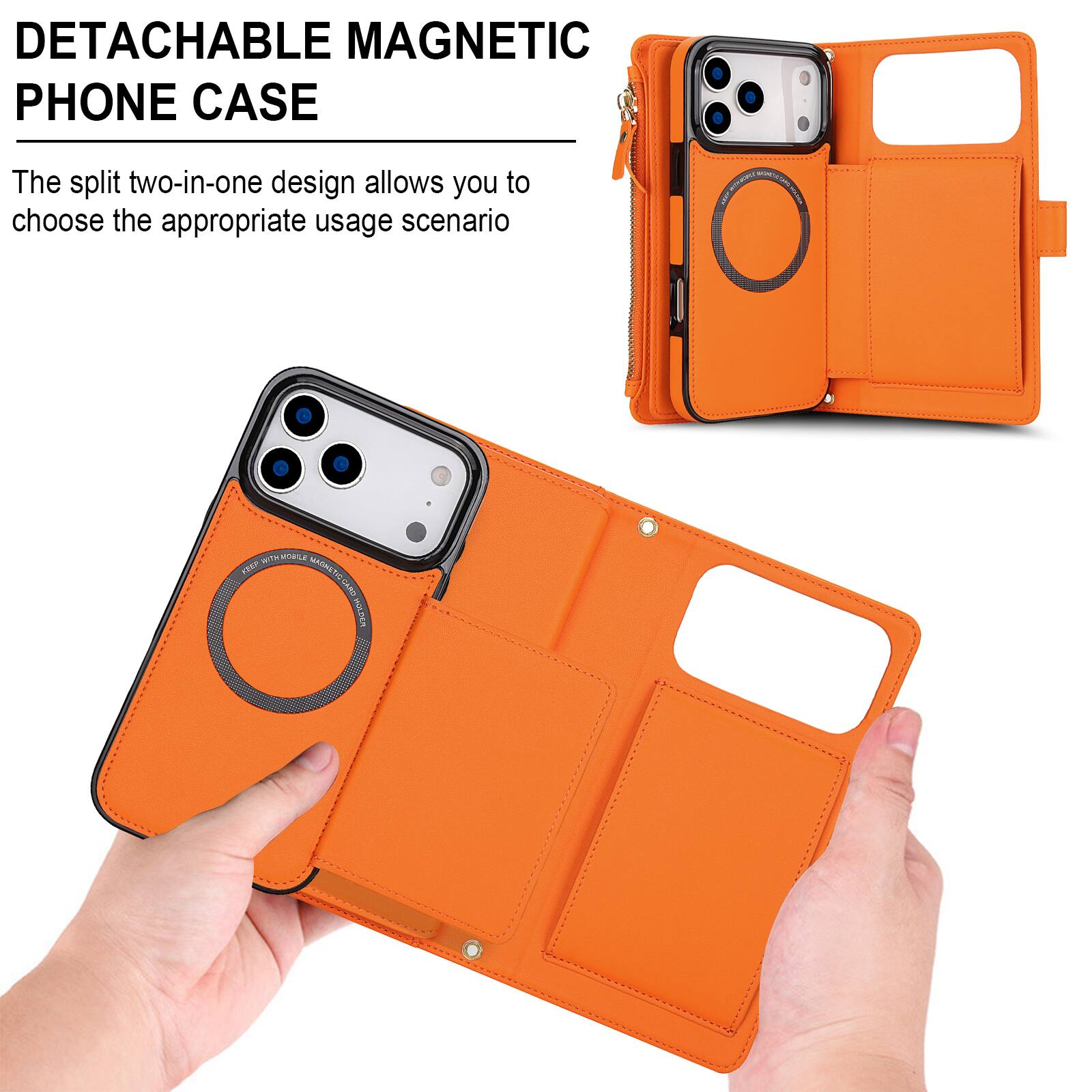 DETACHABLE MAGNETIC PHONE CASE

The split two-in-one design allows you to choose the appropriate usage scenario

WITH MOUTLE KEEP MAGNETIC CARD HOLDER