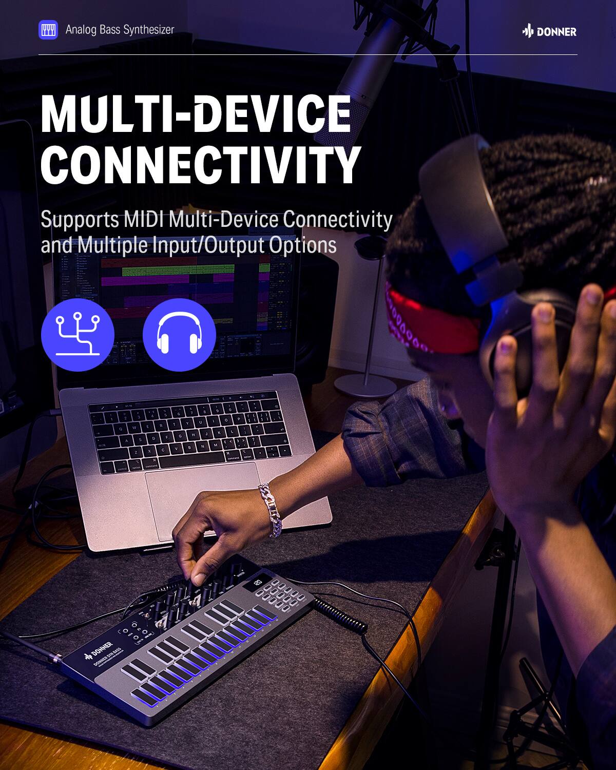 YYT Analog Bass Synthesizer DONNER MULTI-DEVICE CONNECTIVITY Supports MIDI Multi-Device Connectivity and Multiple Input/Output Options