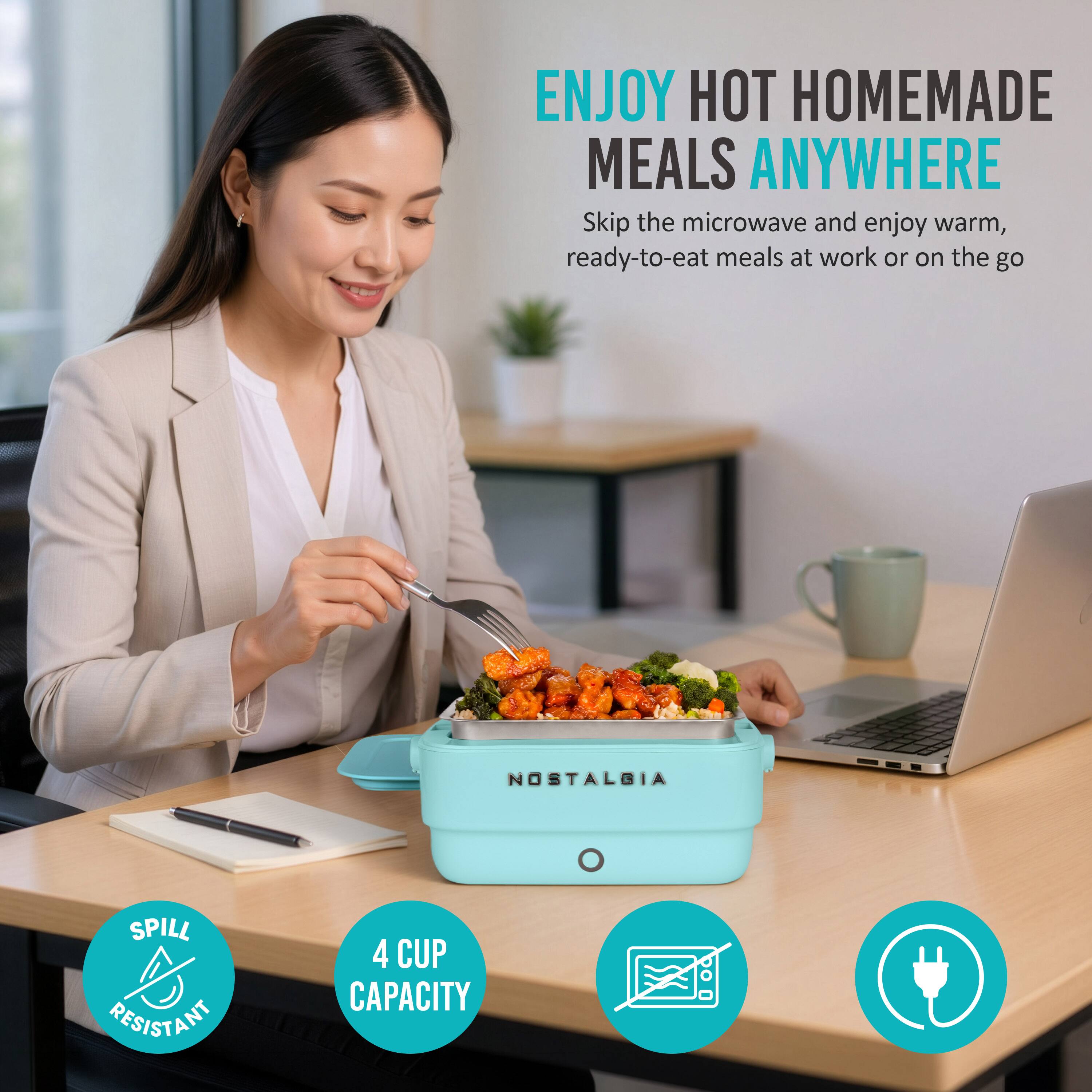 ENJOY HOT HOMEMADE MEALS ANYWHERE  
Skip the microwave and enjoy warm, ready-to-eat meals at work or on the go  

NOSTALGIA  

SPILL RESISTANT  
4 CUP CAPACITY