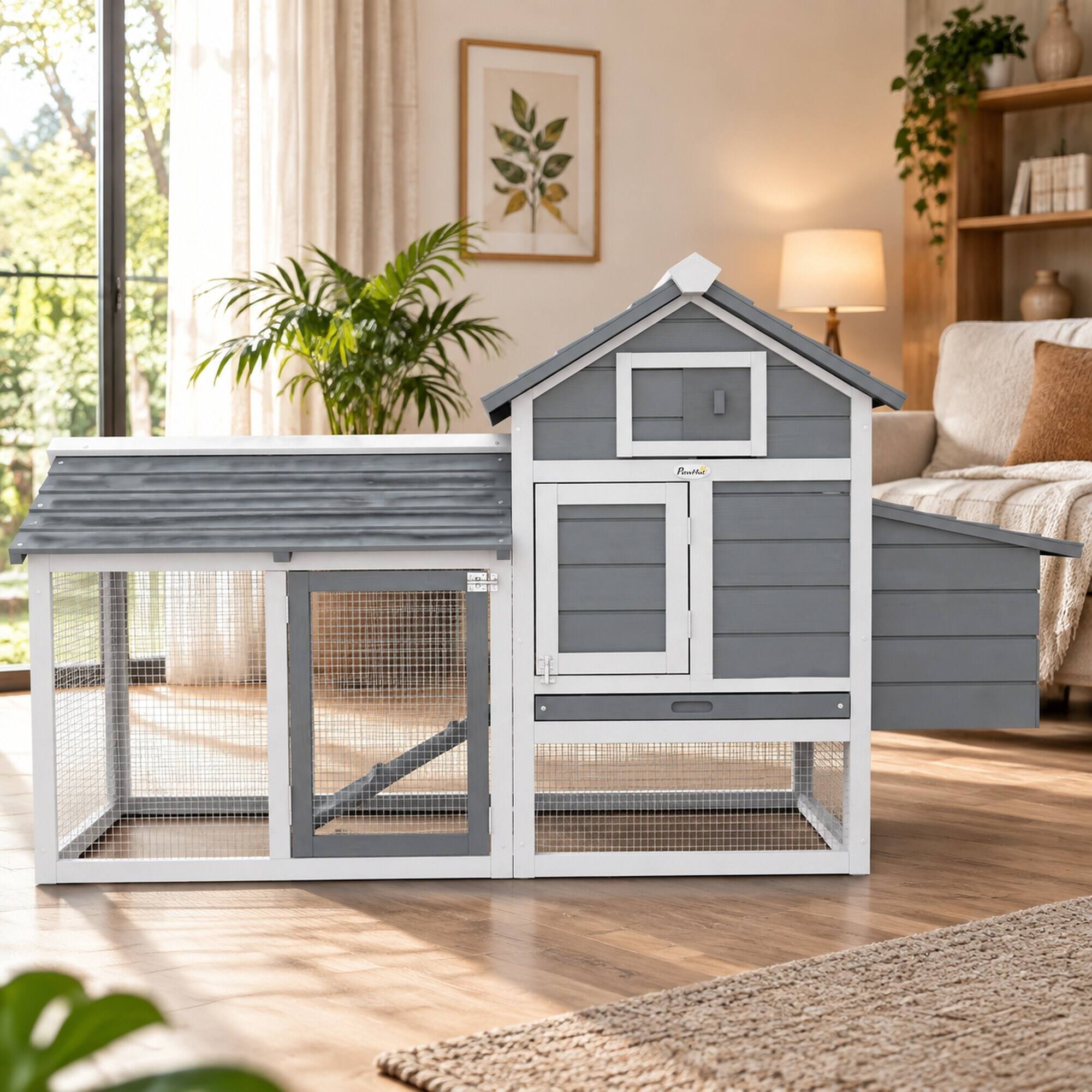 Alt View 5. RYHNUYNE - 59 in Wooden Chicken Coop, Fir Wood Hen House, Nesting Box, Removable Tray, White.