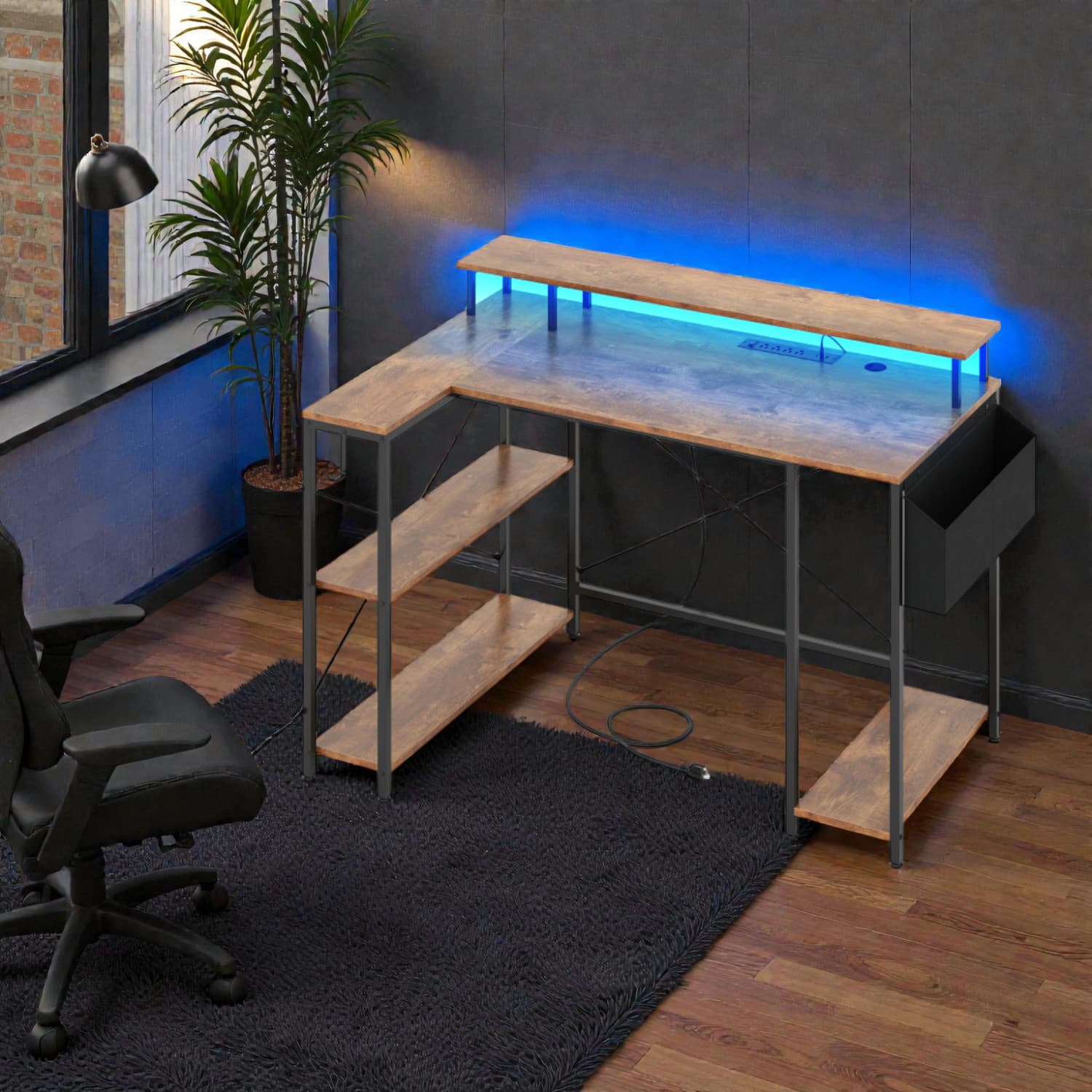 Hivvago - L-Shaped Battle Station with Customizable LED Effects and Power Socket Panel - Rustic Brown