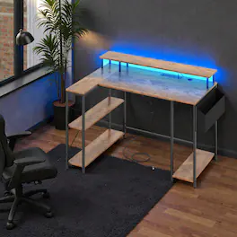Hivvago - L-Shaped Battle Station with Customizable LED Effects and Power Socket Panel - Rustic Brown