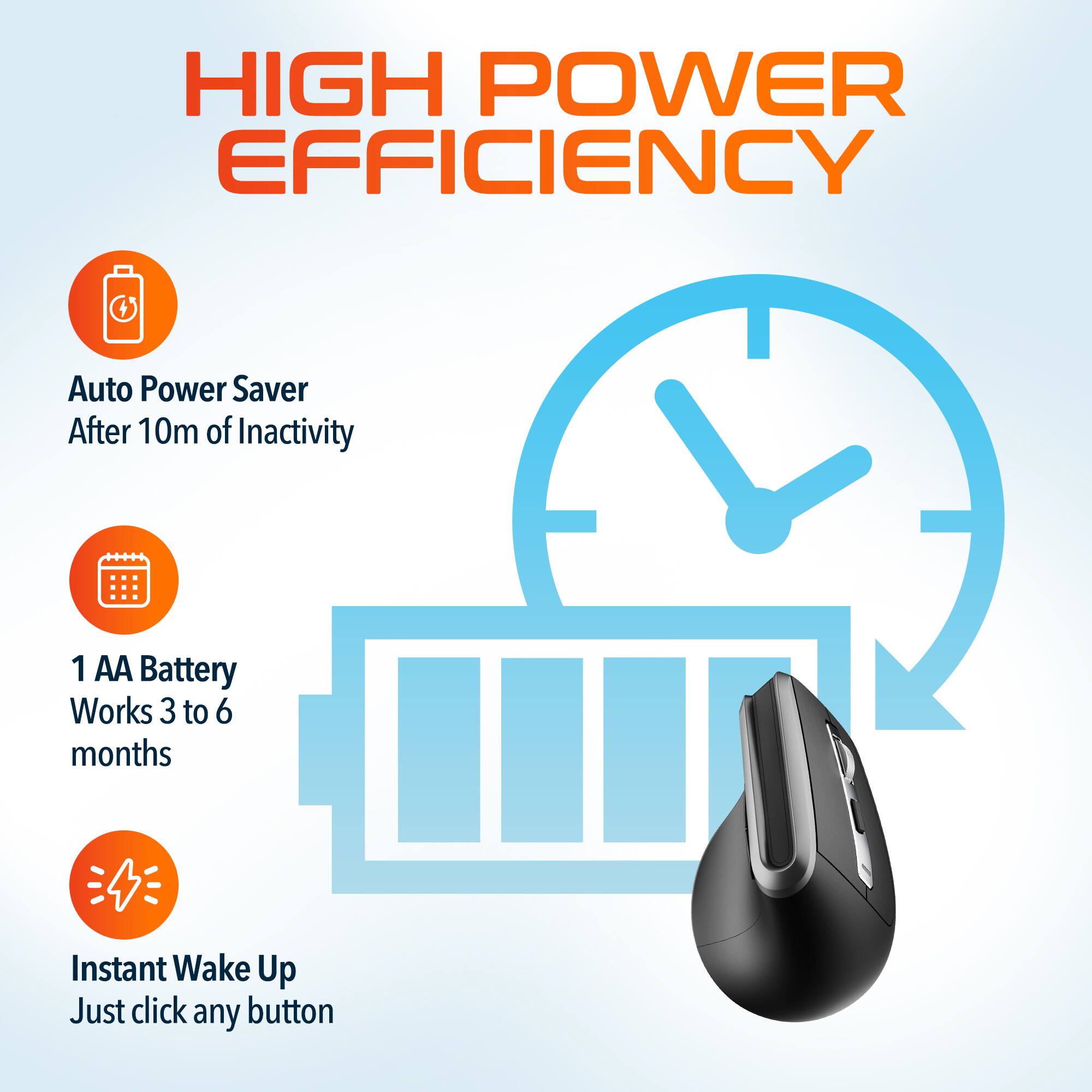 HIGH POWER EFFICIENCY
Auto Power Saver After 10m of Inactivity
1 AA Battery Works 3 to 6 months
Instant Wake Up Just click any button