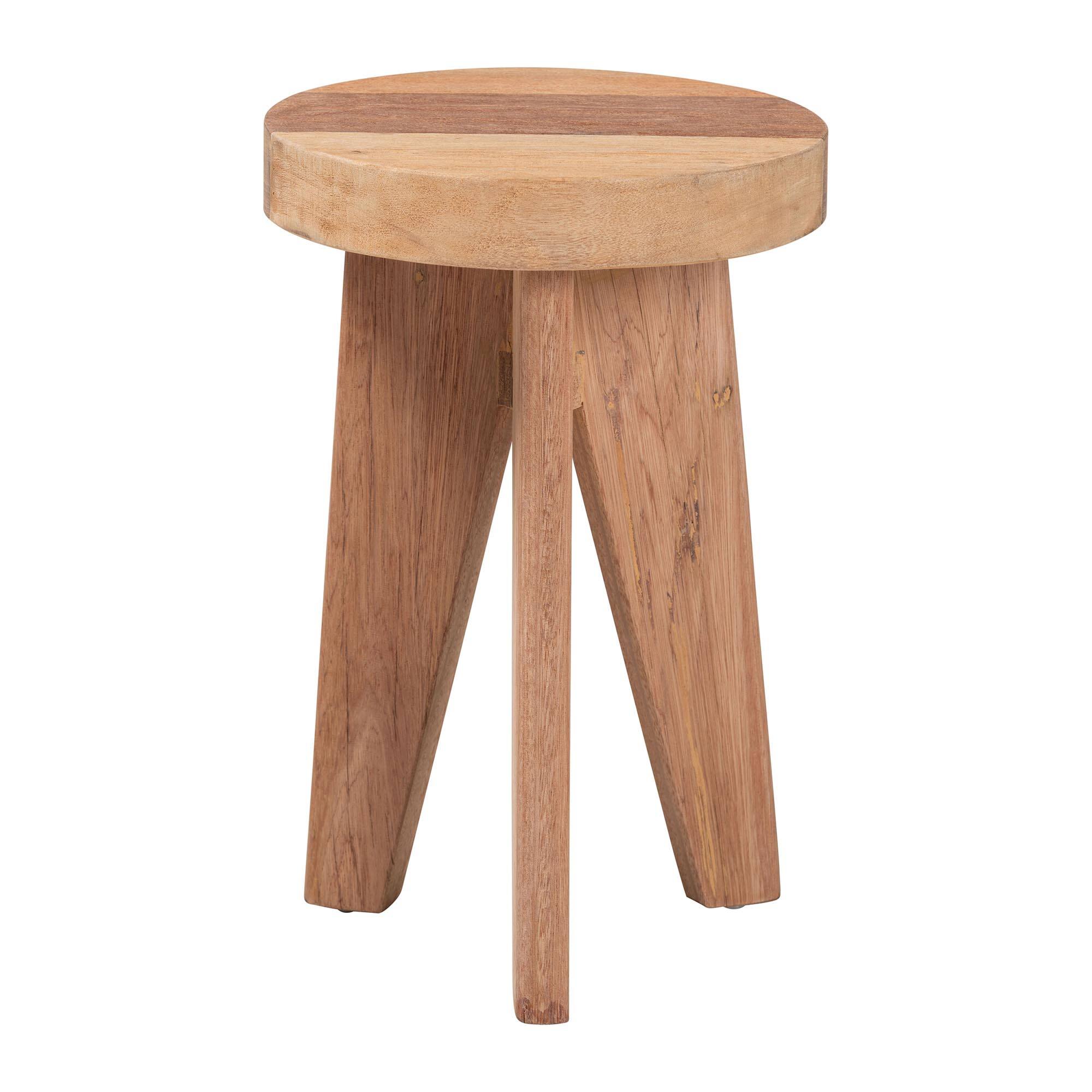 Angle. bali & pari - Sayen Acacia Wood Multipurpose Accent Stool - Sculptural End Table with Flared Tripod Base - Natural Brown.