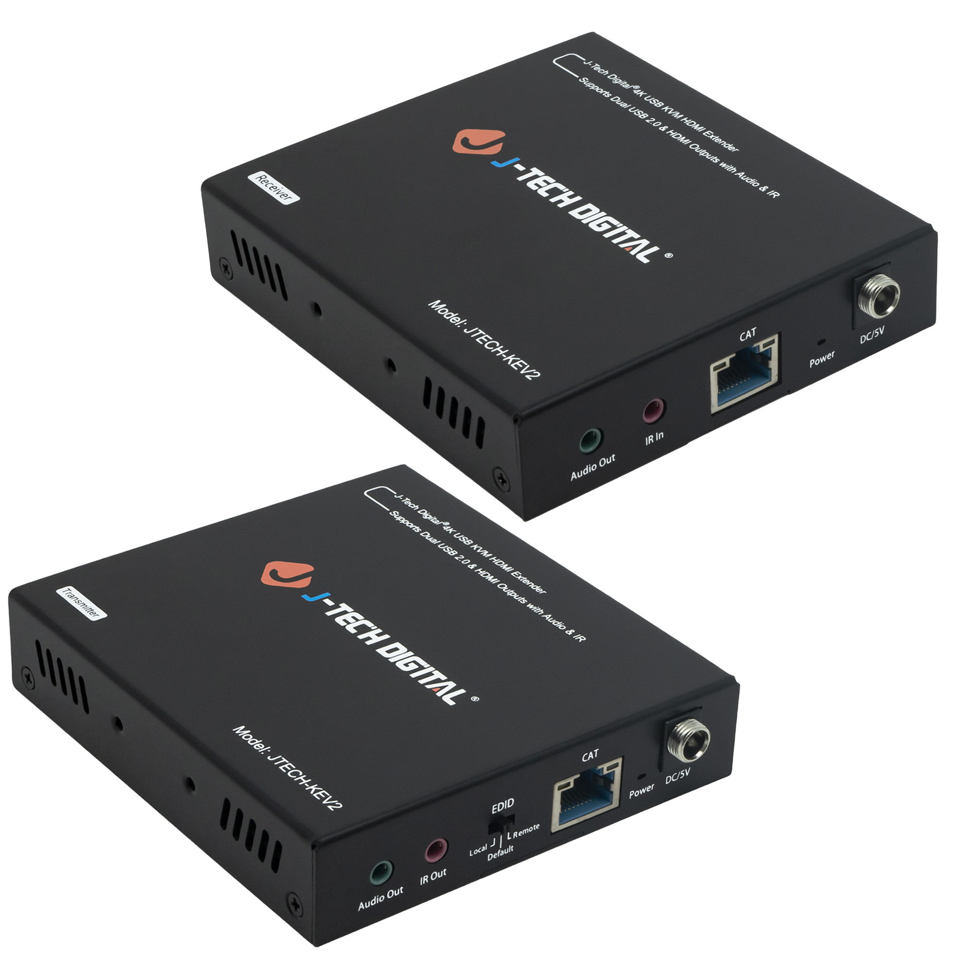 J-Tech Digital - 4K 30Hz HDMI and KVM Extender Over Ethernet with Dual HDMI Outputs and Audio Extraction - Black