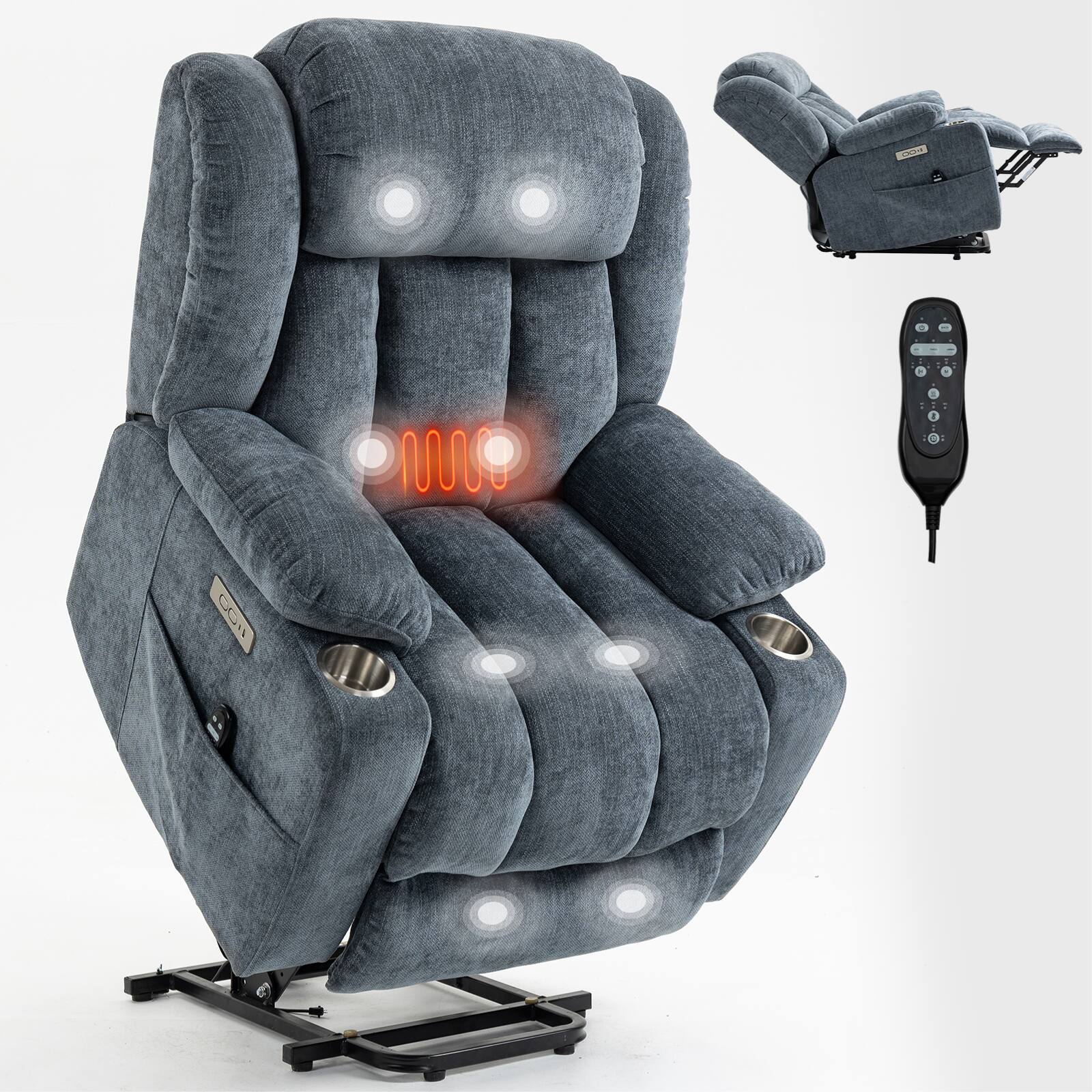 Alt View 7. LUCKY ONE - Chenille Power Lift Recliner Chair with Massage and Heat, USB and Type C Ports, 2 Steel Cup Holders for Elderly - Blue.