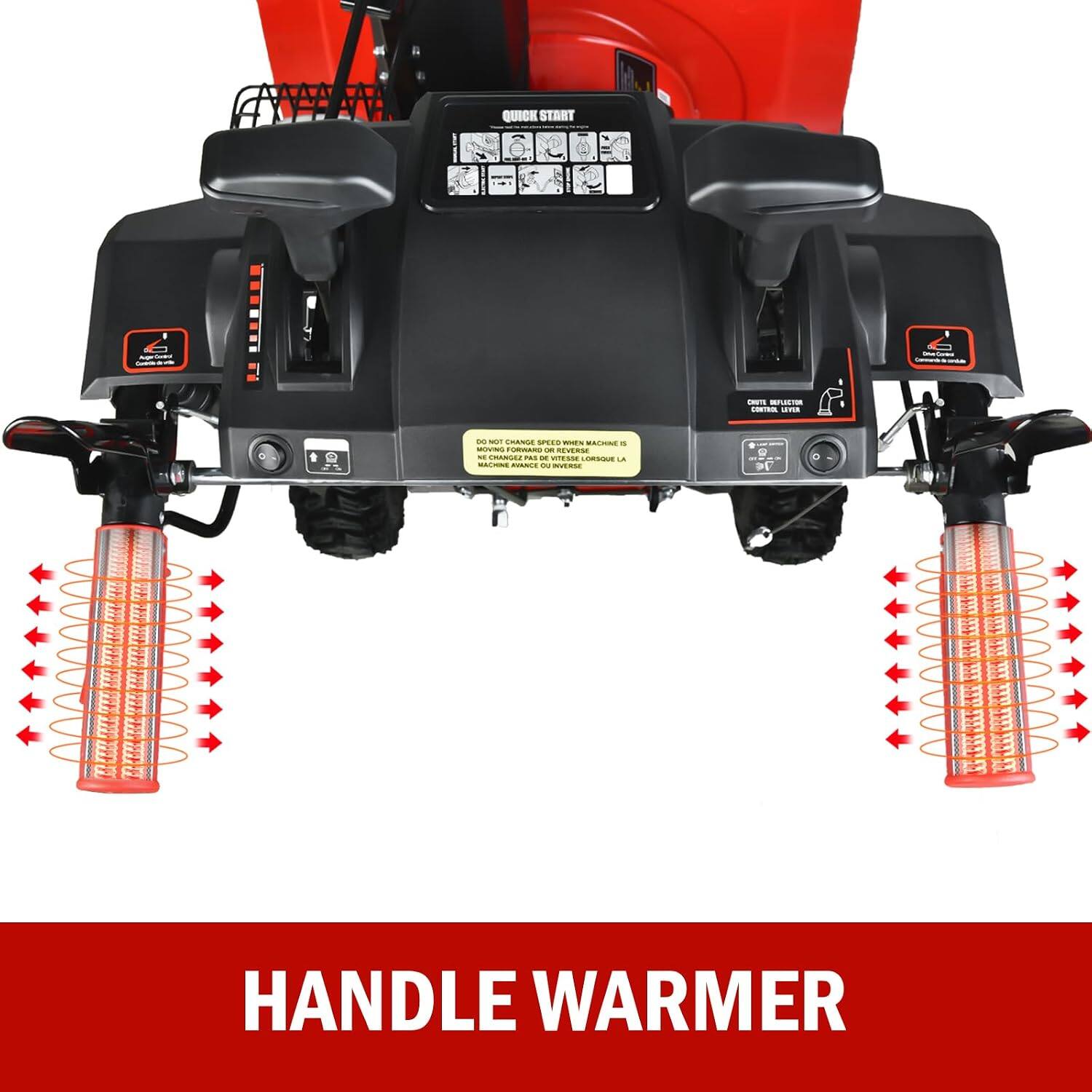 QUICK START

Dine/Contral satramo

CHUTE DEPLECTOR CONTROL LEVER

DO NOT CHANGE SPEED WHEN MACHINE IS MOVING FORWARD OR REVERSE
CHANGEZ PAS DE VITESSE LORSQUE LA MACHINE AVANCE OU INVERSE

HANDLE WARMER