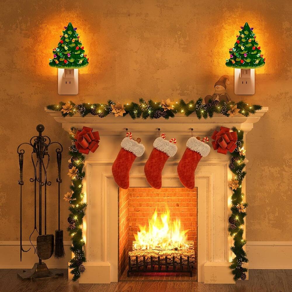 Back. ACJPR - 2 Pack 6" Ceramic Christmas Tree Night Lights with On/Off Switch – Vintage Holiday Décor - ‎Green.