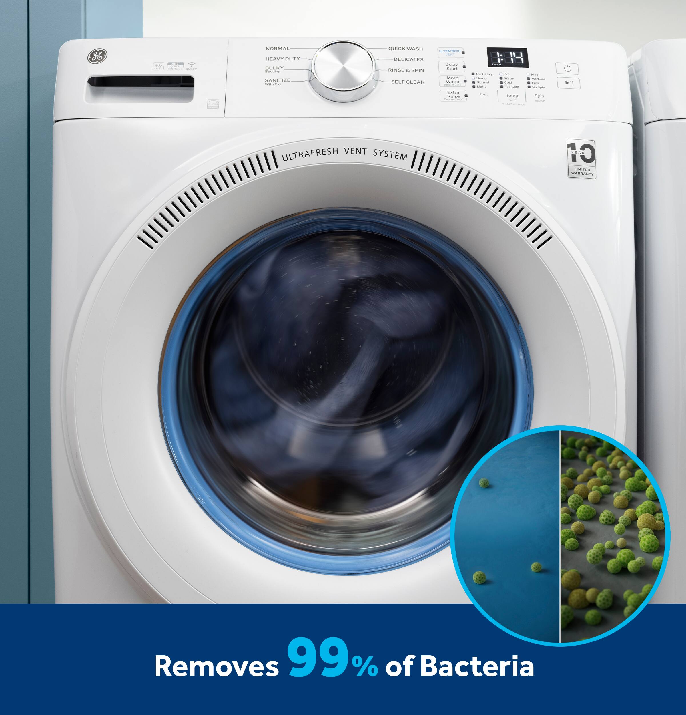 The text on the image reads: "6 COACAL HEA CIW ... SANITIN HTE UUILA WasHI CIMAL -.. RNSE - SPN SELE CLEAN Cer I : - : : : | | : - - : : : - : | I - - - - .. ULTRAFRESH VENT SYSTEM 10  .T Removes 99% of Bacteria."