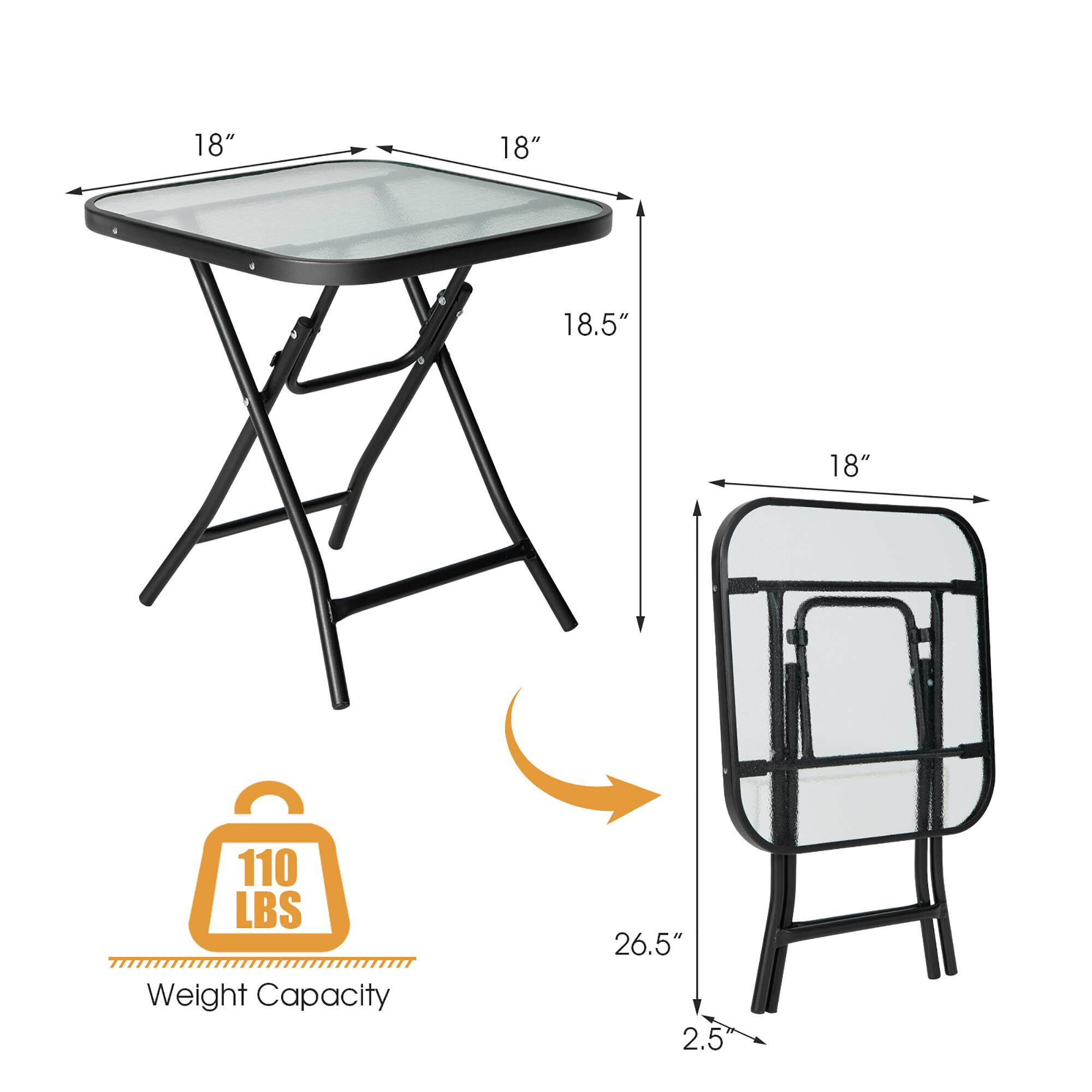- Tabletop dimensions: 18" x 18"
- Tabletop height: 18.5"
- Weight capacity: 110 LBS
- Bench dimensions: 18" x 26.5"
- Bench seat height: 2.5"