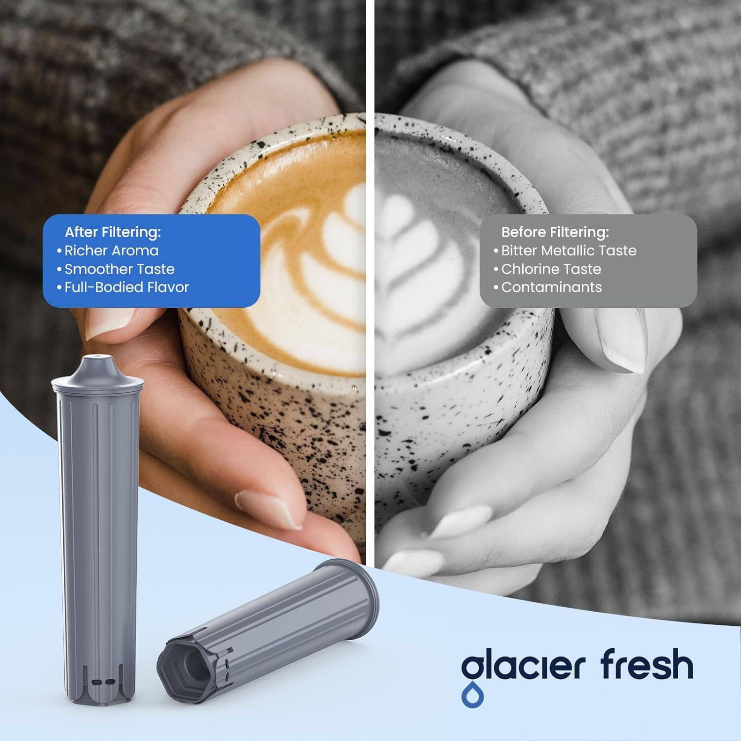 After Filtering:
- Richer Aroma
- Smoother Taste
- Full-Bodied Flavor

Before Filtering:
- Bitter Metallic Taste
- Chlorine Taste
- Contaminants

glacier fresh