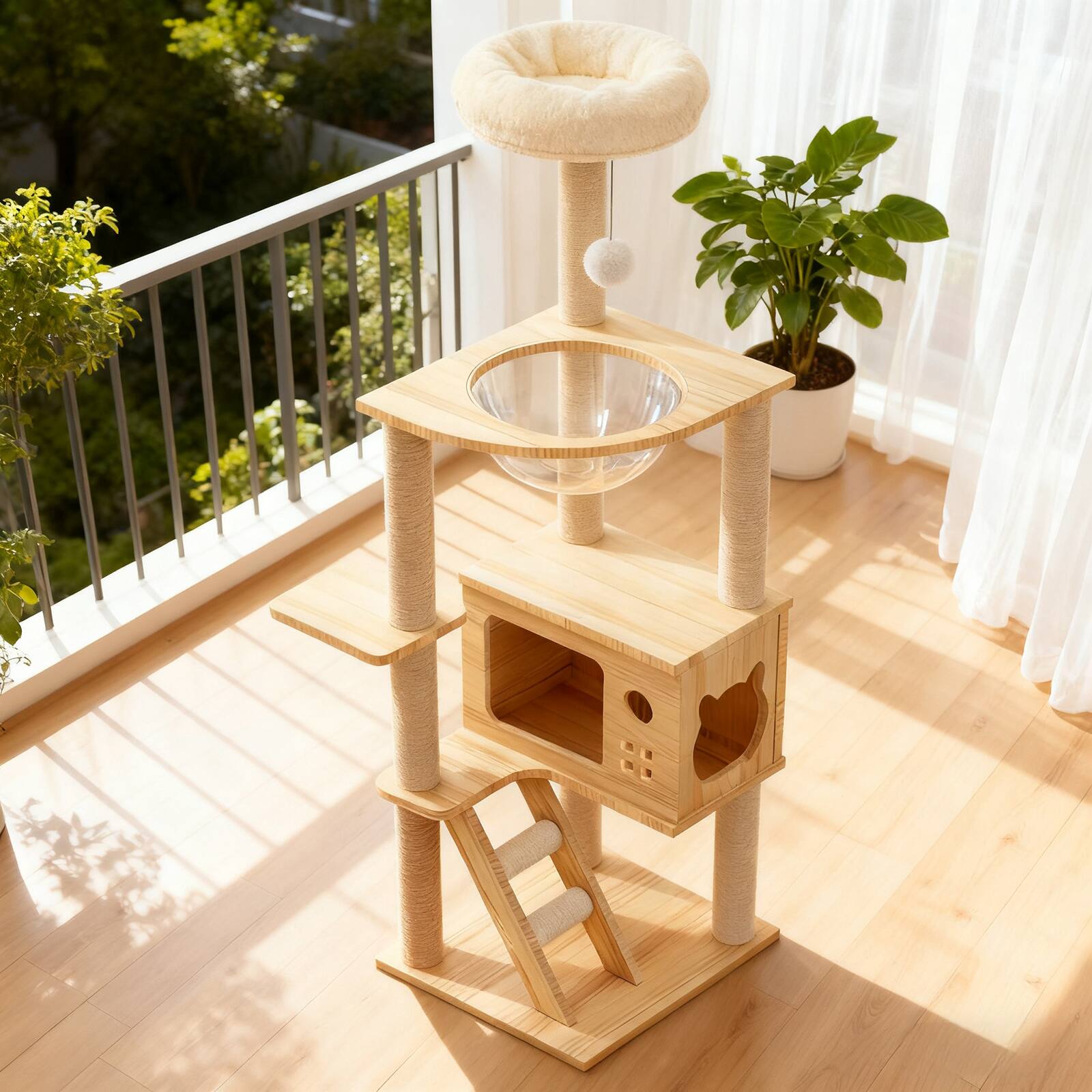 Left. Dexmalle - Dexmalle-48.8" Modern Wood Cat Tower with Sisal Covered Scratching Posts and Top Perch-Natural+White - Natural+White.