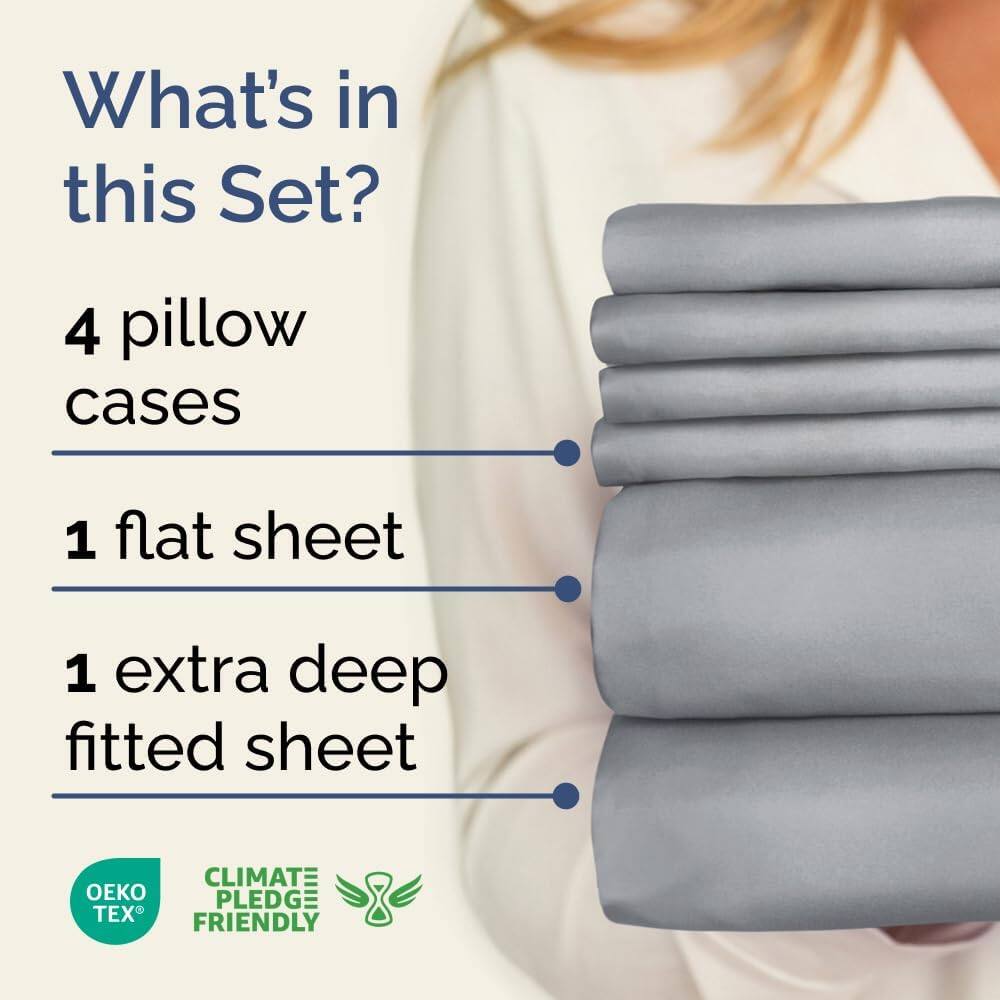 What's in this Set?

4 pillow cases

1 flat sheet

1 extra deep fitted sheet

CLIMATE PLEDGE FRIENDLY

OEKO TEX