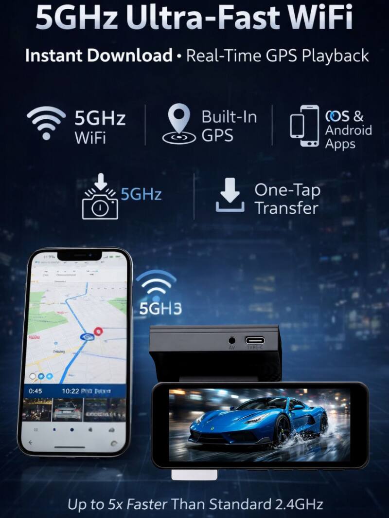 5GHz Ultra-Fast WiFi  
Instant Download • Real-Time GPS Playback  

5GHz WiFi  
Built-In GPS  
COS & Android Apps  
5GHz One-Tap Transfer  

Up to 5x Faster Than Standard 2.4GHz