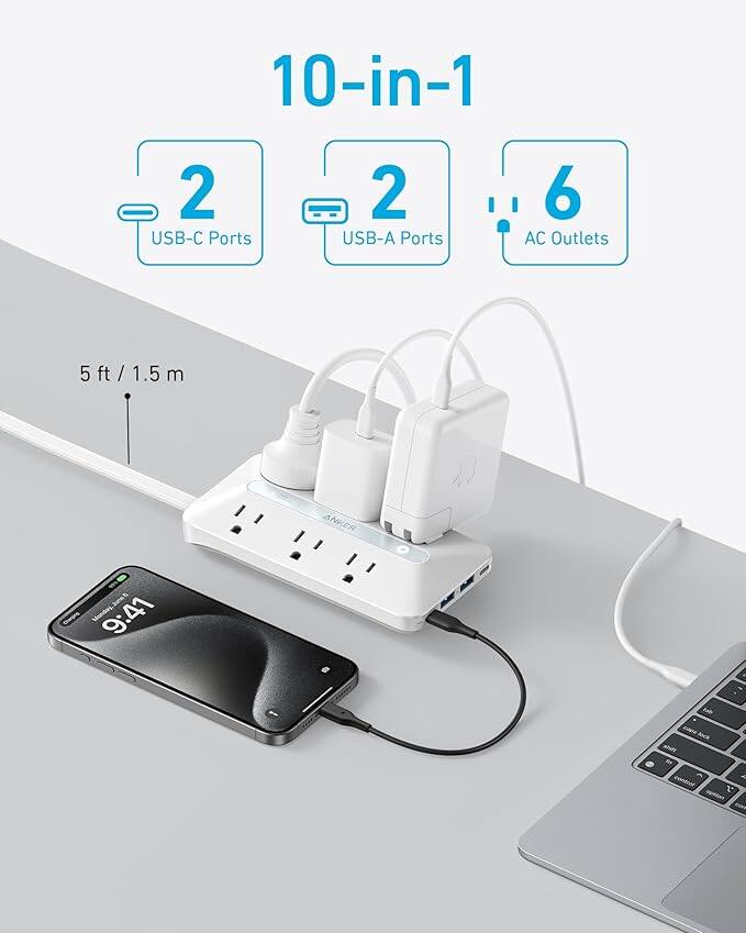 10-in-1  
2 USB-C Ports  
2 USB-A Ports  
6 AC Outlets  
5 ft / 1.5 m  

ANKER  
9:41