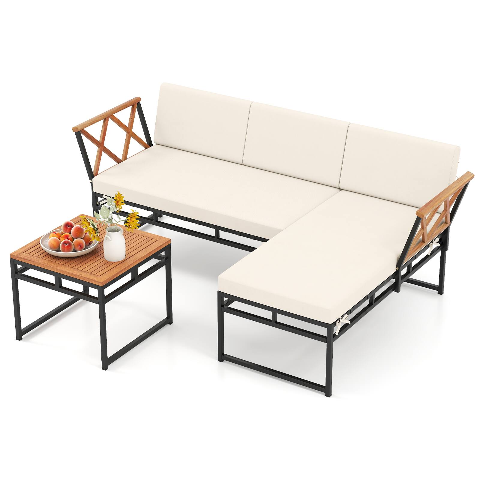 Alt View 1. Gymax - Gymax Set Of 3 L-Shaped Patio Furniture Set w/Loveseat Square Coffee Table Soft Back - Brown.