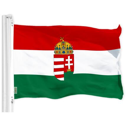 Front. G128 - Hungary Coat of Arms Flag - 3x5 ft Printed 300D Polyester, Indoor/Outdoor. - Assorted Colors.