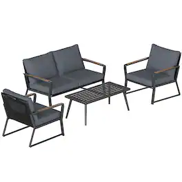Outsunny - 4 Piece Patio Furniture Set, Aluminum Conversation Set, Outdoor Garden Sofa Set with Armchairs - Dark Gray