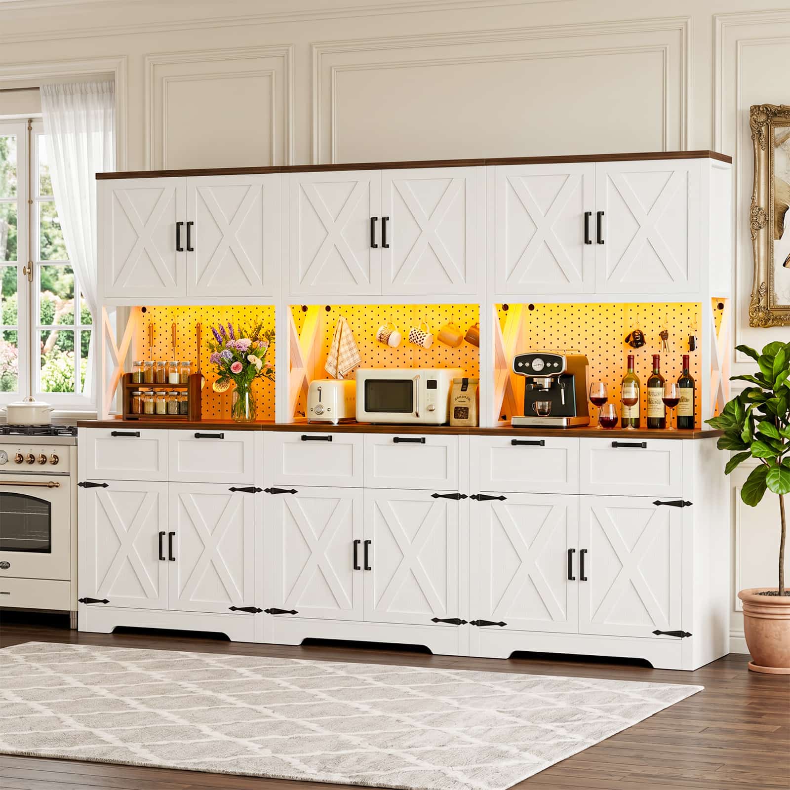 Aheaplus - 71" Tall Pantry Cabinet Set of 3, 94.5" Wide Cupboard with 6 Drawers, 3 Power Strip, 3 LED Lights and 18 Hooks - White & Walnut