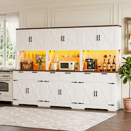Aheaplus - 71" Tall Pantry Cabinet Set of 3, 94.5" Wide Cupboard with 6 Drawers, 3 Power Strip, 3 LED Lights and 18 Hooks - White & Walnut