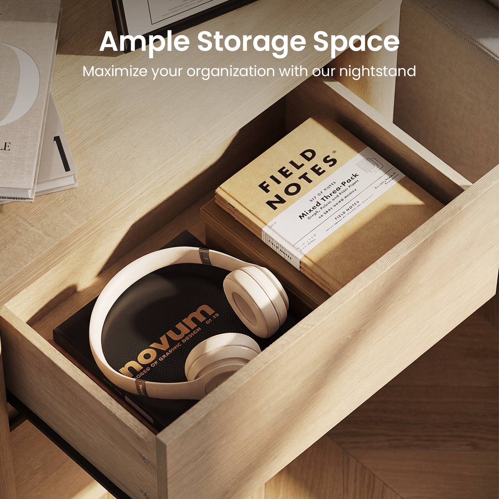 Ample Storage Space  
Maximize your organization with our nightstand

FIELD NOTES  
Mixed Three-Pack  
$17.07  
Graph Paper, Dot Grid, Ruled  
120 Pages Each  
3.5" x 5.5"  
Made in the USA

novum  
CHOICE OF GRAPHIC DESIGN  
07.18