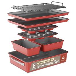 PARKER SLATER - Bakken Ceramic Coated Bakeware Sets Nonstick Aluminized Steel Pans With Muffin Loaf Cake Roasting Pan & Rack Oven Saf...
