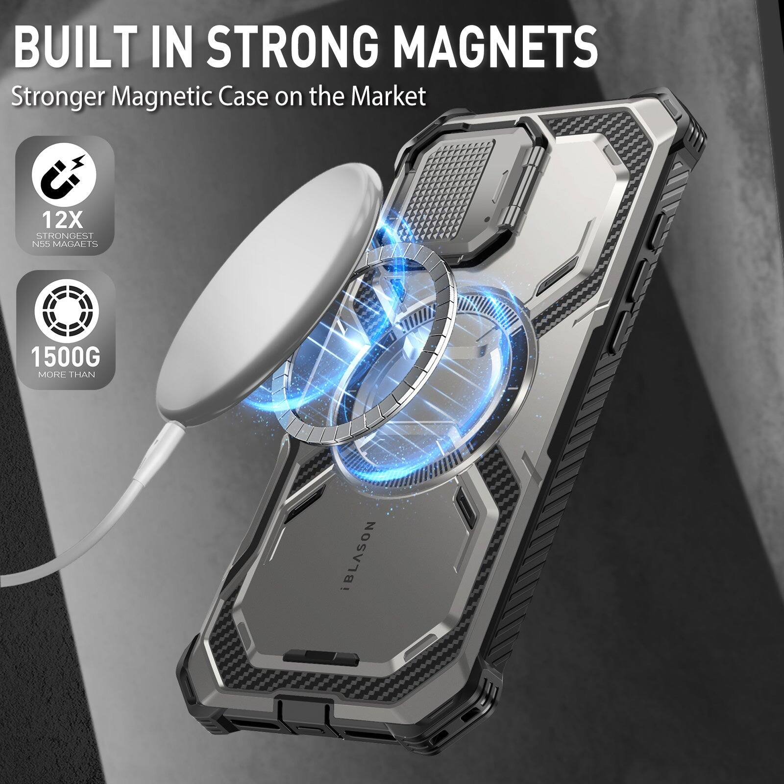 BUILT IN STRONG MAGNETS  
Stronger Magnetic Case on the Market  

12X STRONGEST N55 MAGNETS  
1500G MORE THAN iBLASON