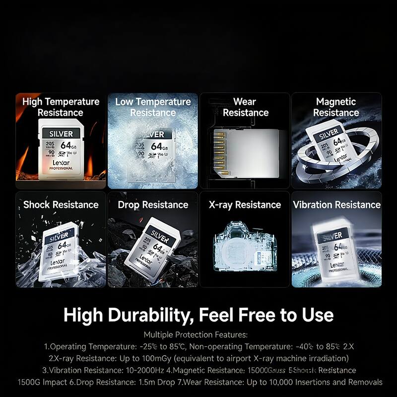 High Temperature Resistance  
Low Temperature Resistance  
Wear Resistance  
Magnetic Resistance  
Shock Resistance  
Drop Resistance  
X-ray Resistance  
Vibration Resistance  

SILVER 20S 64GB  
Lexar PROFESSIONAL  

High Durability, Feel Free to Use  

Multiple Protection Features:  
1. Operating Temperature: -25°C to 85°C, Non-operating Temperature: -40°C to 85°C  
2. X-ray Resistance: Up to 100mGy (equivalent to airport X-ray machine irradiation)  
3. Vibration Resistance: 10-2000Hz  
4. Magnetic Resistance: 15000Gauss  
5. Shock Resistance: 1500G Impact  
6. Drop Resistance: 1.5m Drop  
7. Wear Resistance: Up to 10,000 Insertions and Removals