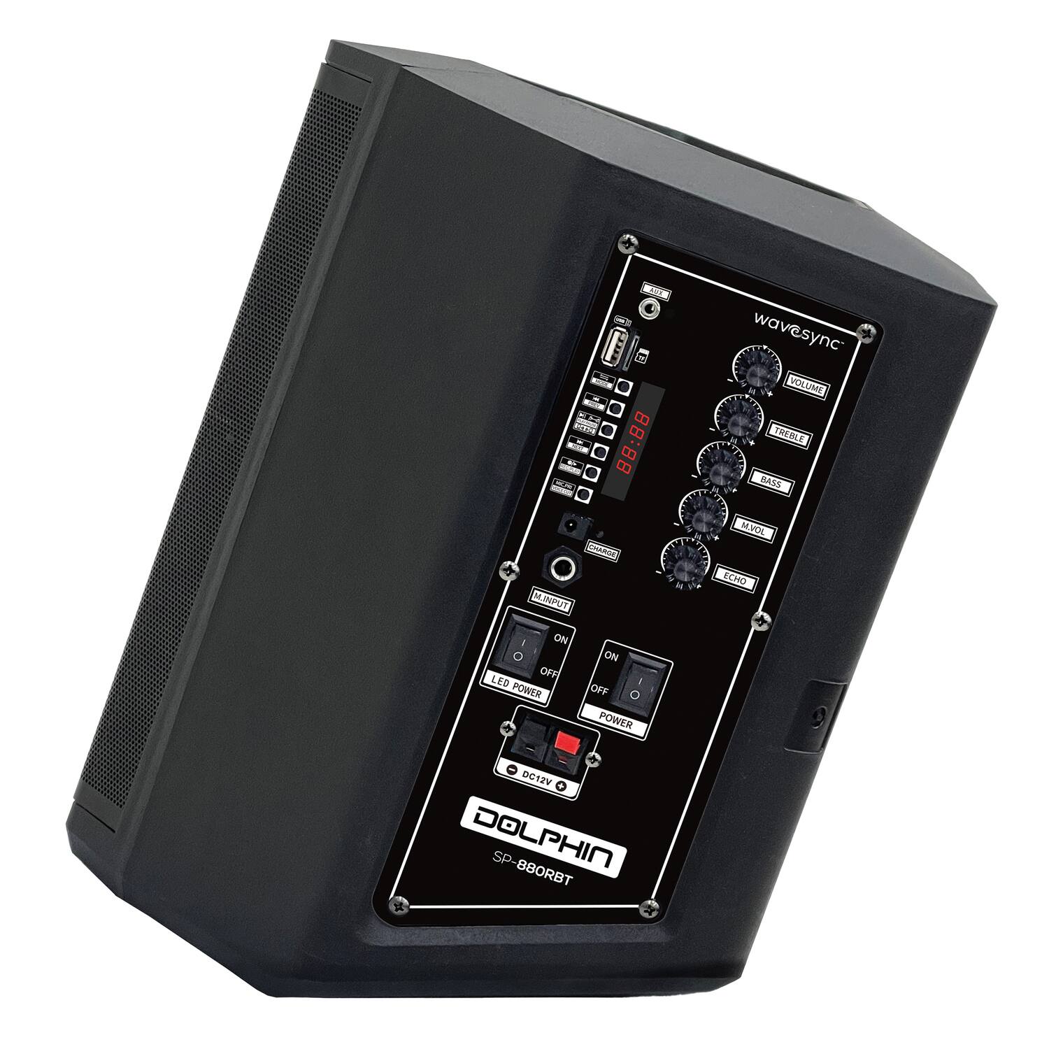 - F - He - - 88:88
- wavesync
- VOLUME
- TREBLE
- BASS
- MUNPUT
- BEVOL
- ECHO
- ON
- OFF
- LED
- POWER
- DC12V
- DOLPHIN
- SP-880RBT