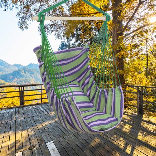 Alt View 8. Winado - Hammock Chair Hanging Rope Swing, Macrame Hammock Swing Seat with 2 Cushions, Portable Steel Spreader Bar for In/Outdoor - Green Stripes.