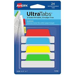 Avery - UltraTabs Repositionable Margin Tabs, 2.5" Wide, Assorted Colors, 24/Pack - Blue, Green, Red, Yellow