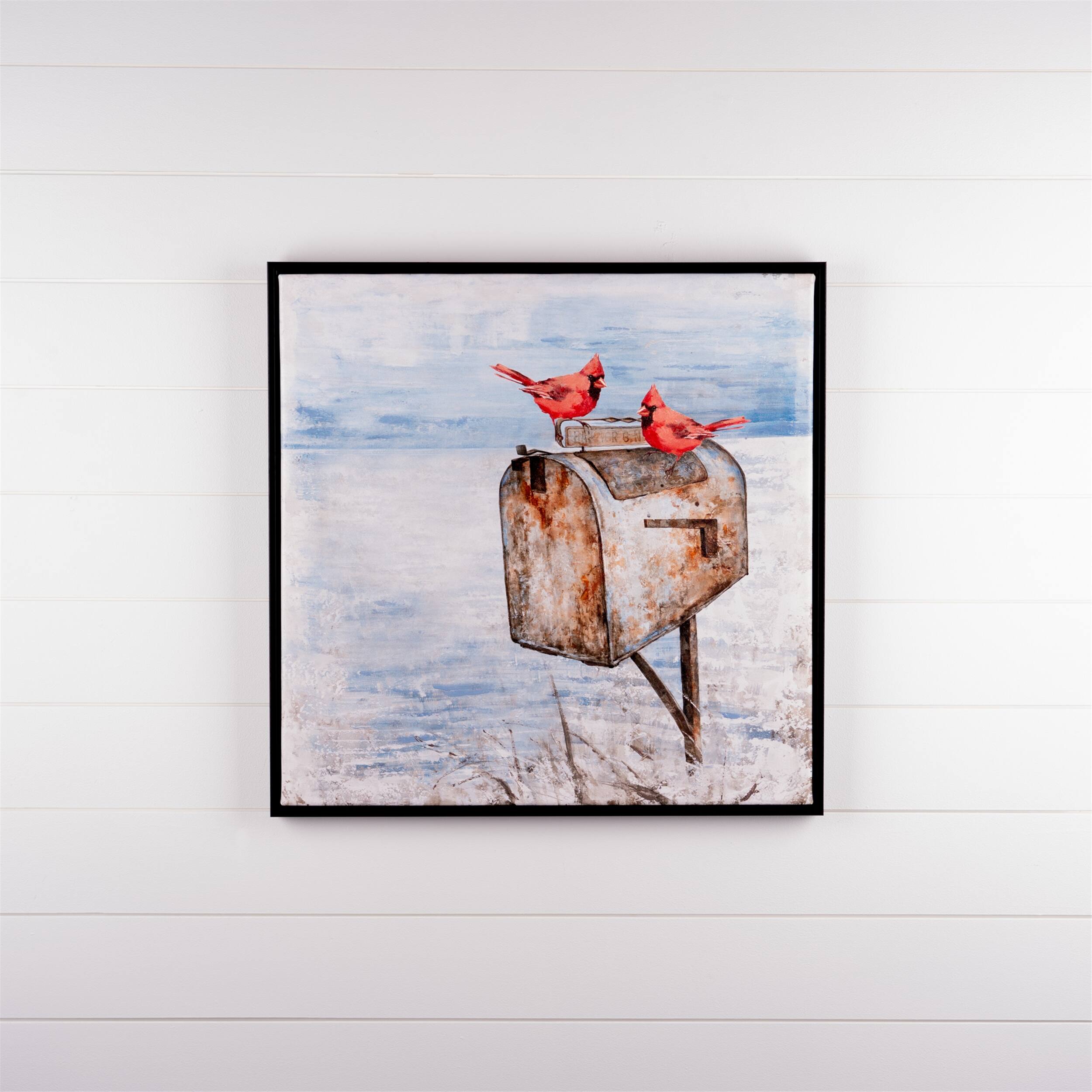 Angle. BreeBe - Cardinal and Mailbox Canvas Print 24"SQ - Red, Blue.