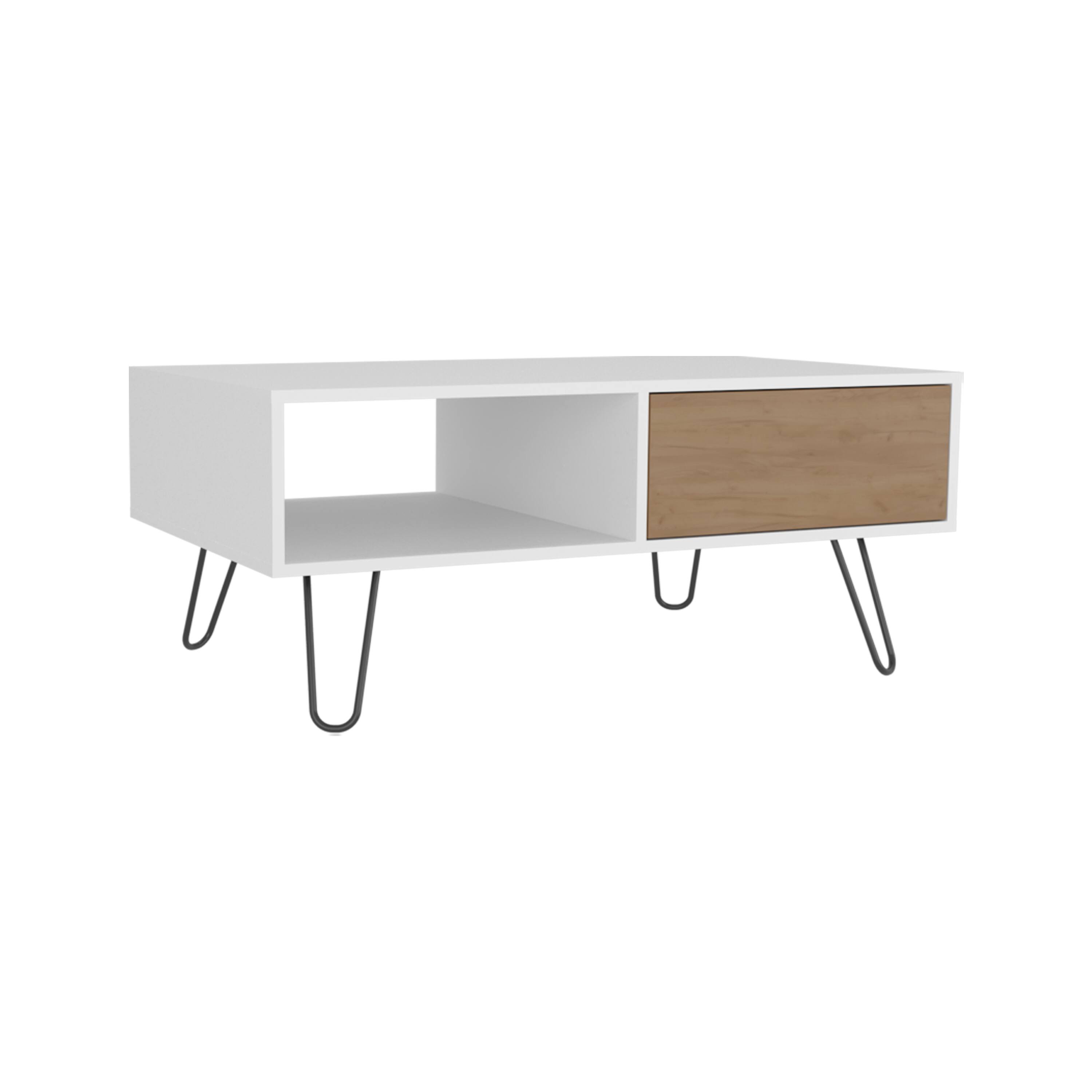 Alt View 2. TuHome - Tori Wide Coffee Table with One Drawer, One Shelf, Rectangular, Living Room and Home - Natural Oak - White.