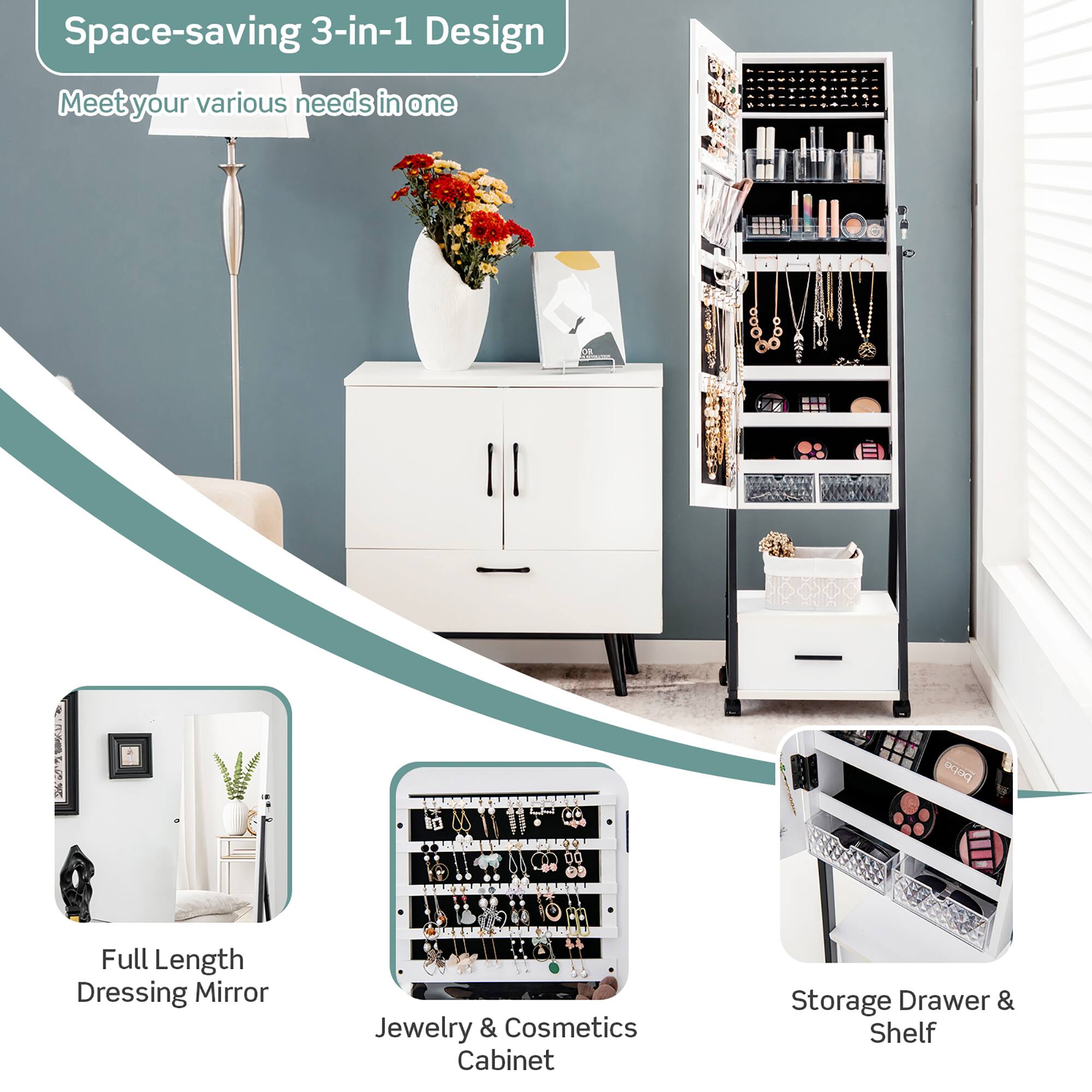 Space-saving 3-in-1 Design Meet your various needs in one L 1 DOOG to Full Length Dressing Mirror Jewelry & Cosmetics Cabinet Storage Drawer & Shelf