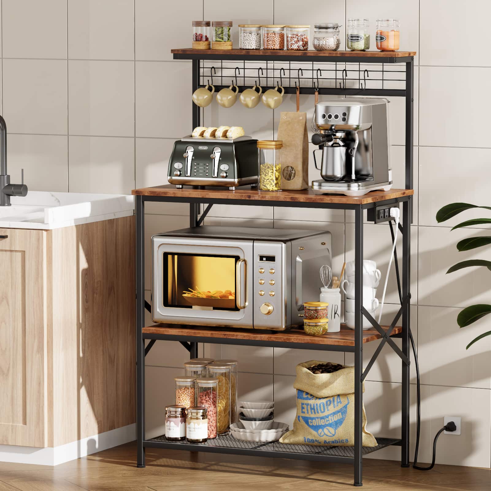 Furnulem - 315 Inch Iron Standard Baker’s Rack with Microwave Compatibility for Kitchen - Brown