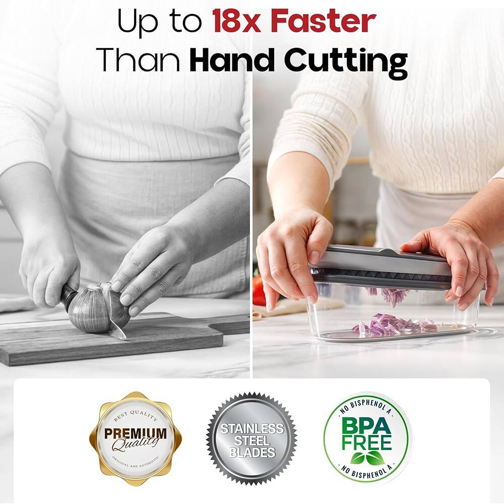Up to 18x Faster Than Hand Cutting

BEST QUALITY PREMIUM Quality

STAINLESS STEEL BLADES

BPA FREE

NO BISPHENOL A